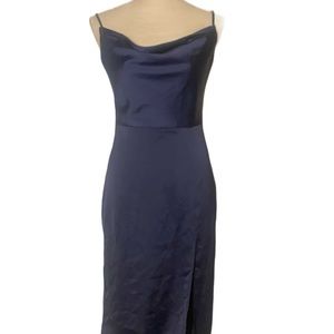 NBD Navy Satin Like Spaghetti Strap Dress with Front Slit and Back Zipper NWT